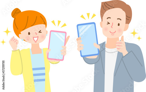 スマホの画面を見せる男女の表情セット