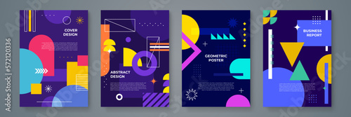 Colorful neo geometric poster. Grid with color geometrical shapes. Modern abstract promotional flyer background vector illustration set. Geometric template poster, brochure neo pattern