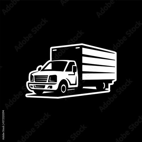 Freight truck line art illustration. Box truck vector icon on dark background