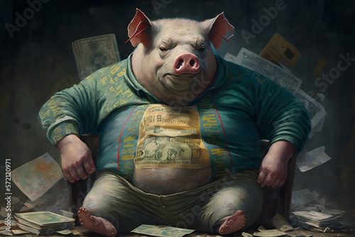 Filthy rich pig is fat and cashed up, lots of money in his pockets, greedy corporation manager, illustration, swine, portrait, close up, drawing, cartoon, satire photo