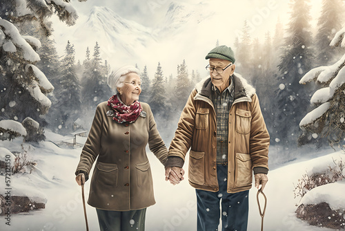 A lovely elderly couple is holding hands in the snow, beautiful long marriage, neverending love, companionship and trust, winter gateaway for senior citizens photo