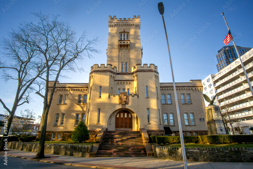 Horizontal view of the White Plains Armory. A historic building in White Plains, New York, in
