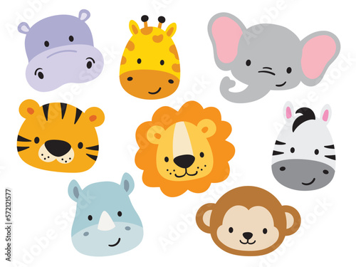 Cute baby safari animal faces vector illustration. The set includes a tiger, lion, elephant, giraffe, zebra, hippo, rhino, and monkey.  © JungleOutThere