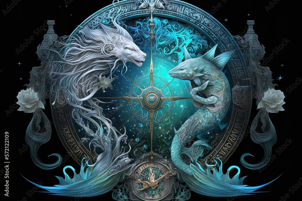 Sorcery Sign Backdrop of sacred zodiac Pisces symbols, astrology, alchemy, magic ...
