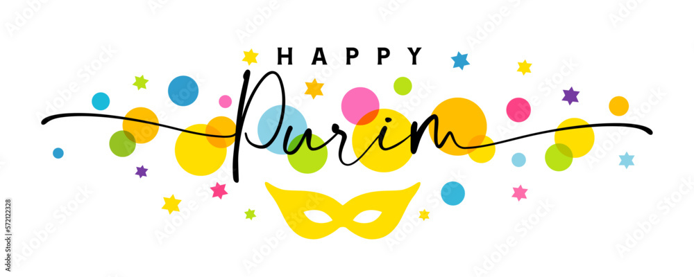 Happy Purim greetings card with elegant lettering and colored David stars. Chag Purim Sameach, traditional jewish holiday. Vector illustration