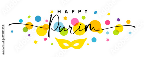 Happy Purim greetings card with elegant lettering and colored David stars. Chag Purim Sameach, traditional jewish holiday. Vector illustration
