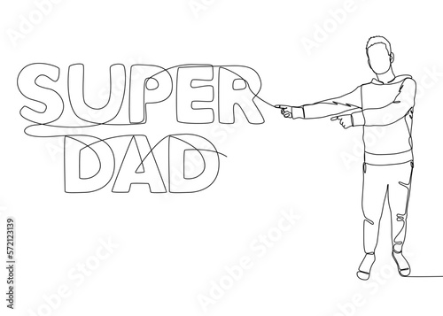 One continuous line of Man pointing with finger at Super Dad word. Thin Line Illustration vector concept. Contour Drawing Creative ideas.