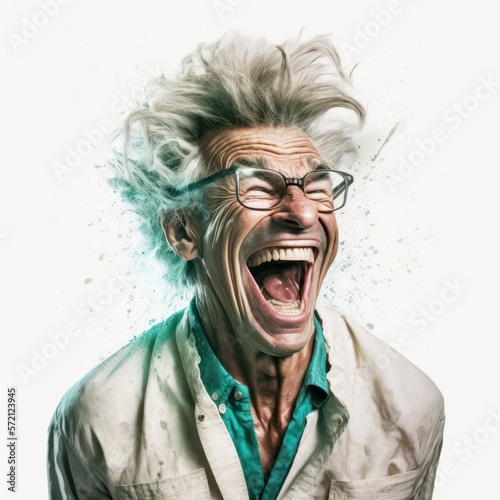 Detailed illustration of a male mad scientist laughing maniacally at his creation isolated on a white background, generative ai