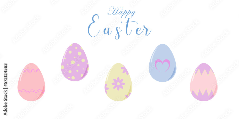Christ is risen. Set of multi-colored eggs in pastel colors and the inscription Happy Easter. Vector illustration