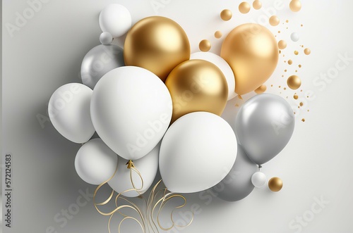 A 3D rendering of the festive concept is adorned with white and gold balloons on a bright background. AI-generated images