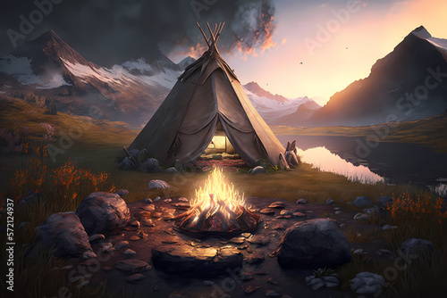 A tent in the middle of a meadow with a burning bonfire and mountains in the background. Generative AI