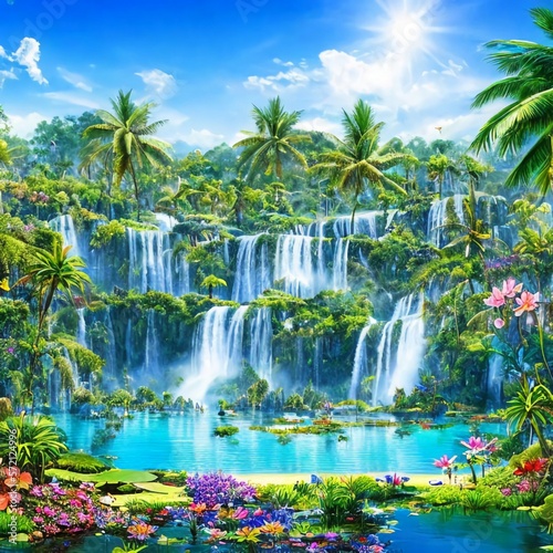 waterfall in tropical jungle, AI Generated 