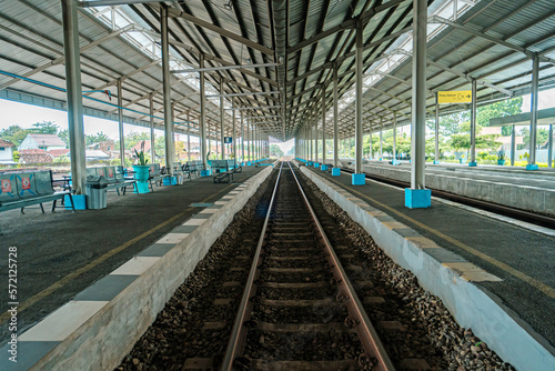 A station that is still very empty of passengers due to the effects of the covid 19 pandemic, the station sees few passengers arriving during certain hours at the Jombang station, East Java, Indonesia