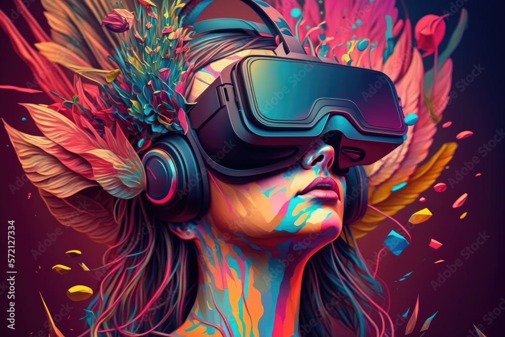 Woman with VR headset exploring the metaverse. Generative AI