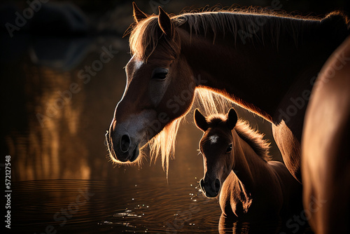 Fotografiet Mother and baby horses at the river, image ai midjourney generated