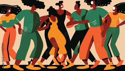 illustration of african american people dancing together in warm colors. Black history month image.