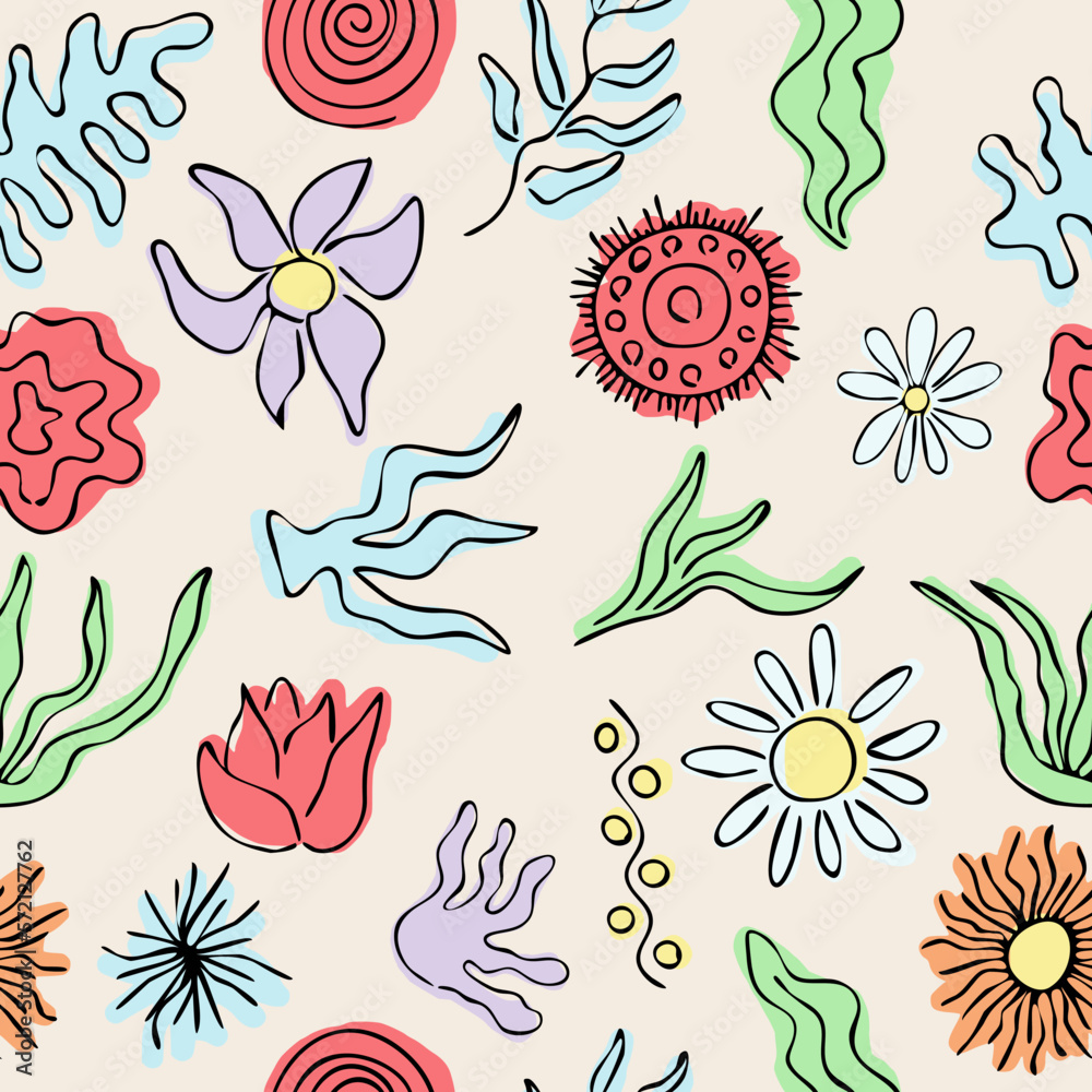 Seamless pattern, abstract organic shapes, amorphous and vegetable figures, hand drawn elements for design