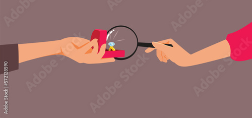  Woman Inspecting Engagement Ring with a Magnifying Glass Vector Cartoon. Professional evaluator checking a diamond gemstone 