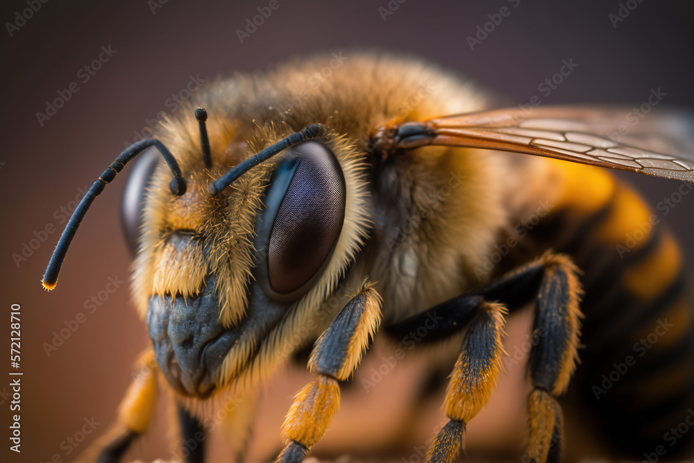 A close-up selective focus shot of a honey bee. Generative AI A close-up selective focus shot of a honey bee. Generative AI