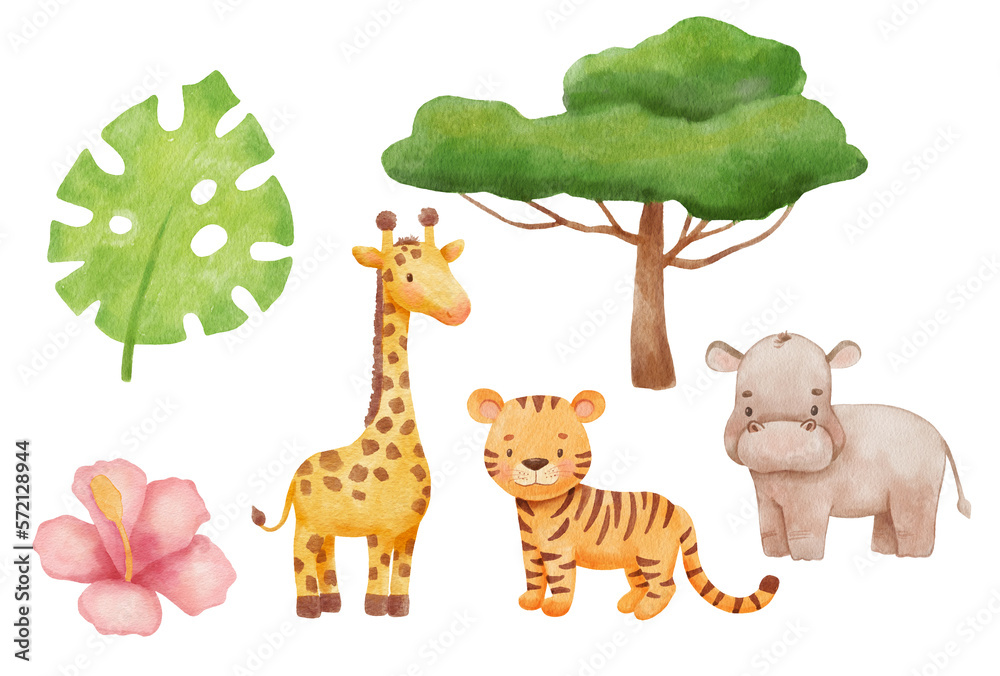 Naklejka premium Cute tiger, giraffe and hippo in cartoon style. Watercolor Drawing tropical plants isolated on white background. Jungle safari animals