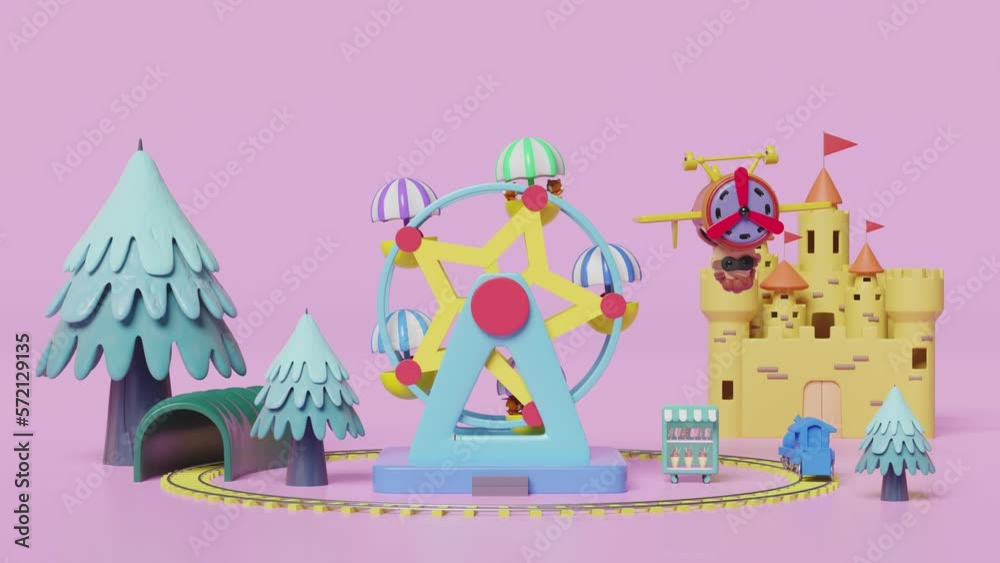 3d amusement park concept with pilot, propeller plane, railroad tracks, tunnel, ferris wheel, ice cream showcases, landscape, castle, towers, alpha channel 3d amusement park concept with pilot, propeller plane, railroad tracks, tunnel, ferris wheel, ice cream showcases, landscape, castle, towers, alpha channel