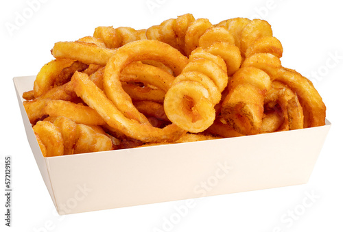 Bild auf Leinwand Twister Fries in paper plate on white background, French fries on white PNG File