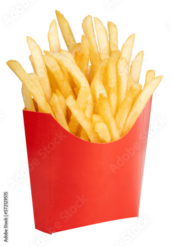 French fries in red paper bucket on white background, French fries on white PNG File.