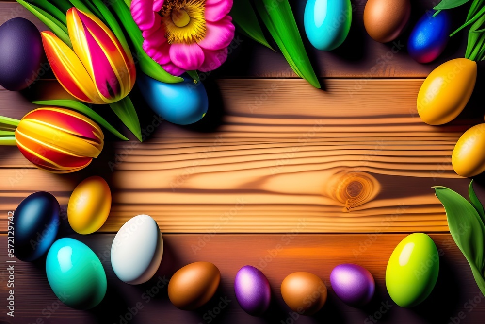 Obraz premium Easter Eggs Background with Copy Space. Created with Generative AI, Artificial Intelligence