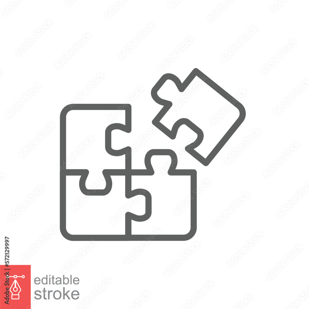 Puzzle jigsaw line icon. Simple outline style. Join teamwork, challenge, square, block, part, business logo concept design. Vector illustration isolated on white background. Editable stroke EPS 10.