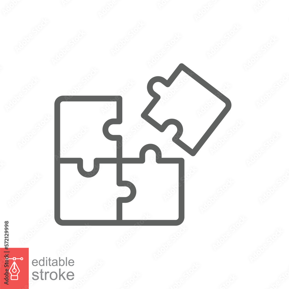Puzzle jigsaw line icon. Simple outline style. Join teamwork, challenge, square, block, part, business logo concept design. Vector illustration isolated on white background. Editable stroke EPS 10. Puzzle jigsaw line icon. Simple outline style. Join teamwork, challenge, square, block, part, business logo concept design. Vector illustration isolated on white background. Editable stroke EPS 10.
