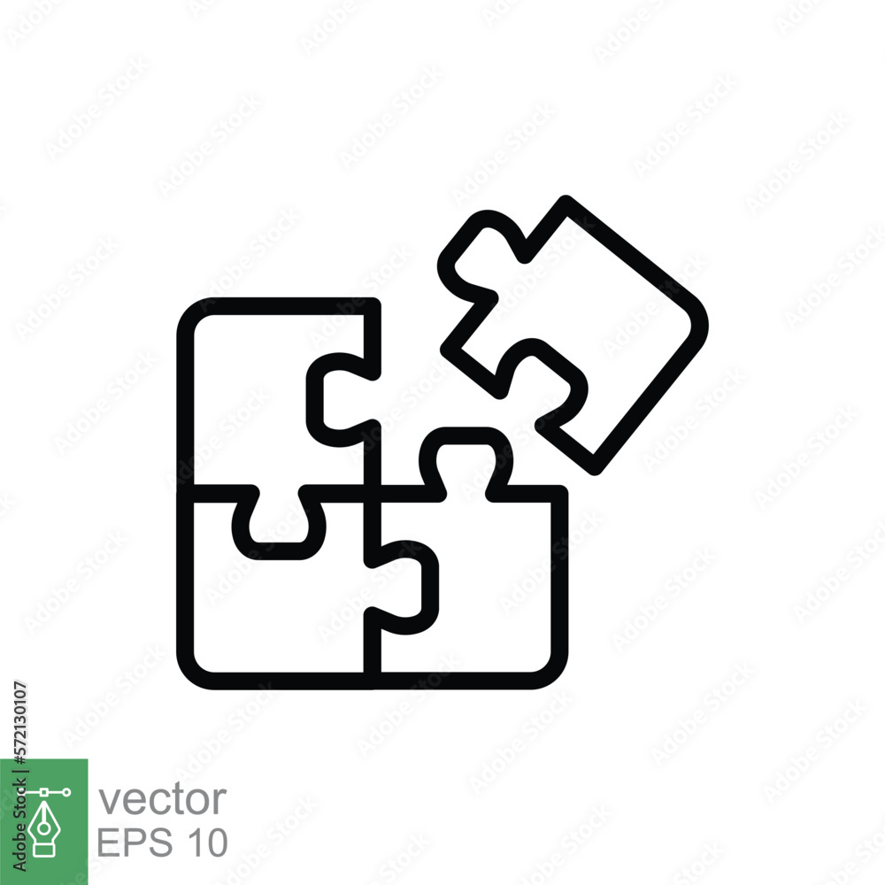 Puzzle jigsaw line icon. Simple outline style. Join teamwork, challenge, square, block, part, business logo concept design. Vector illustration isolated on white background. EPS 10. Puzzle jigsaw line icon. Simple outline style. Join teamwork, challenge, square, block, part, business logo concept design. Vector illustration isolated on white background. EPS 10.