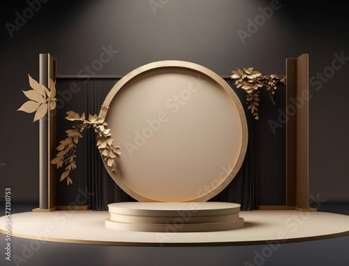 cream podium display stand decorative with leaf. Japan style products display. Generative AI