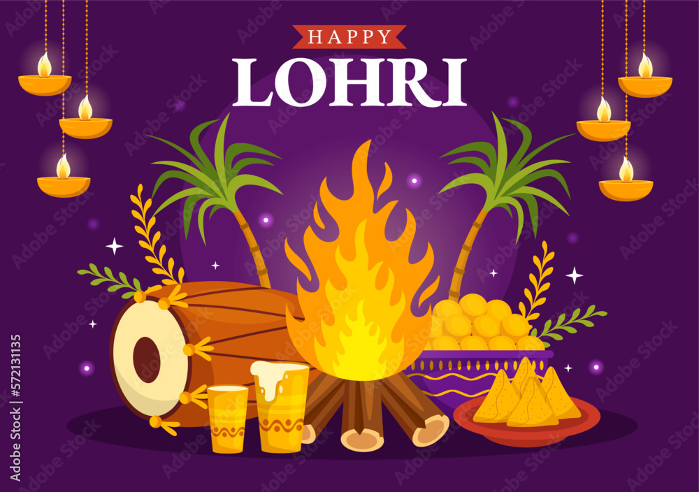 Happy Lohri Festival of Punjab India Illustration with Playing Dance