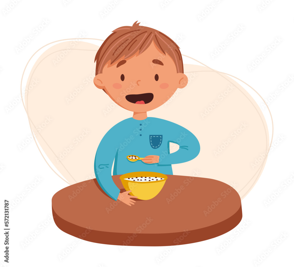 Cute blond boy having breakfast vector illustration. Daily routine. Schedule. Illustration on abstract background