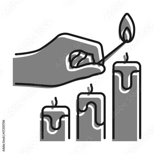 Linear filled with gray color icon. Hand Holds Burning Match Over Candles. Preparing For The Holiday, Lighting Candles. Simple black and white vector Isolated On white background
