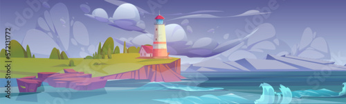 Lighthouse on sea coast in storm. Summer landscape of ocean beach with beacon and building on cliff. Vector cartoon illustration, seascape with nautical navigation tower. Ocean shore with light house