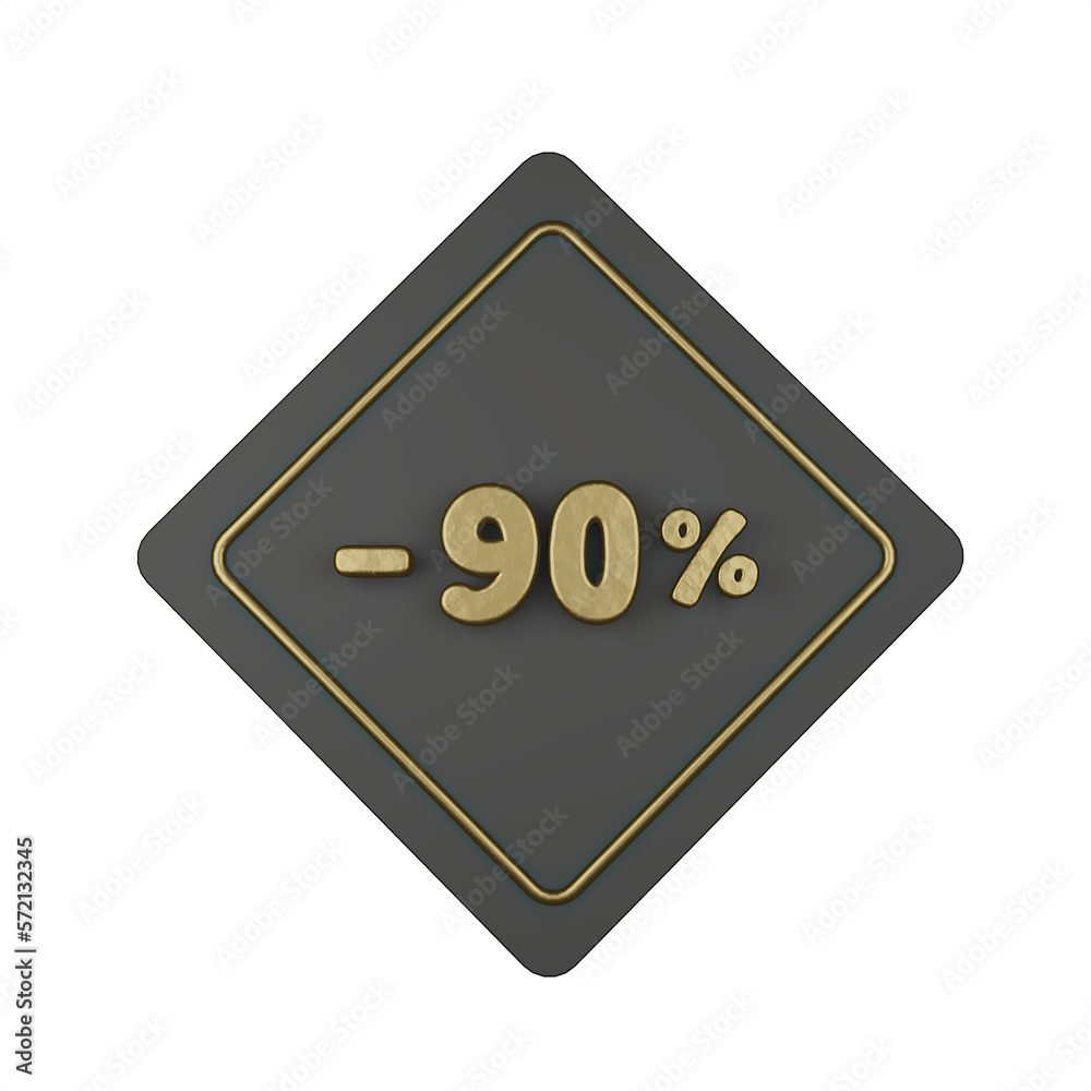 3d illustration, Golden discount -90% off promotion price tag sign symbol, luxury label. 3d illustration, Golden discount -90% off promotion price tag sign symbol, luxury label.