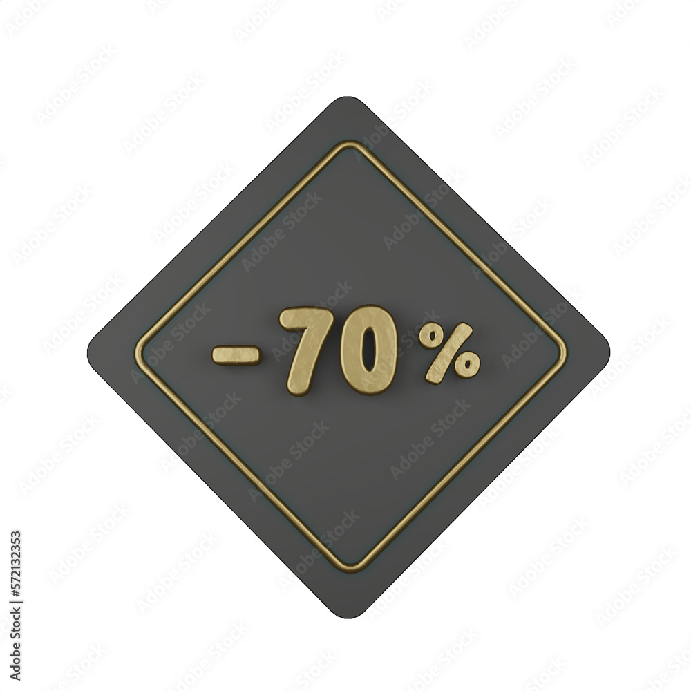 3d illustration, Golden discount -70% off promotion price tag sign symbol, luxury label. 3d illustration, Golden discount -70% off promotion price tag sign symbol, luxury label.