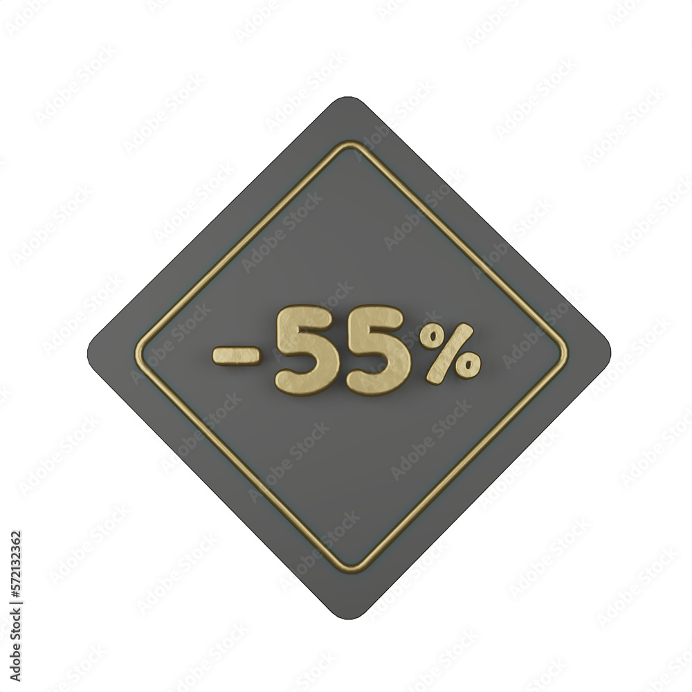 3d illustration, Golden discount -55% off promotion price tag sign symbol, luxury label. 3d illustration, Golden discount -55% off promotion price tag sign symbol, luxury label.