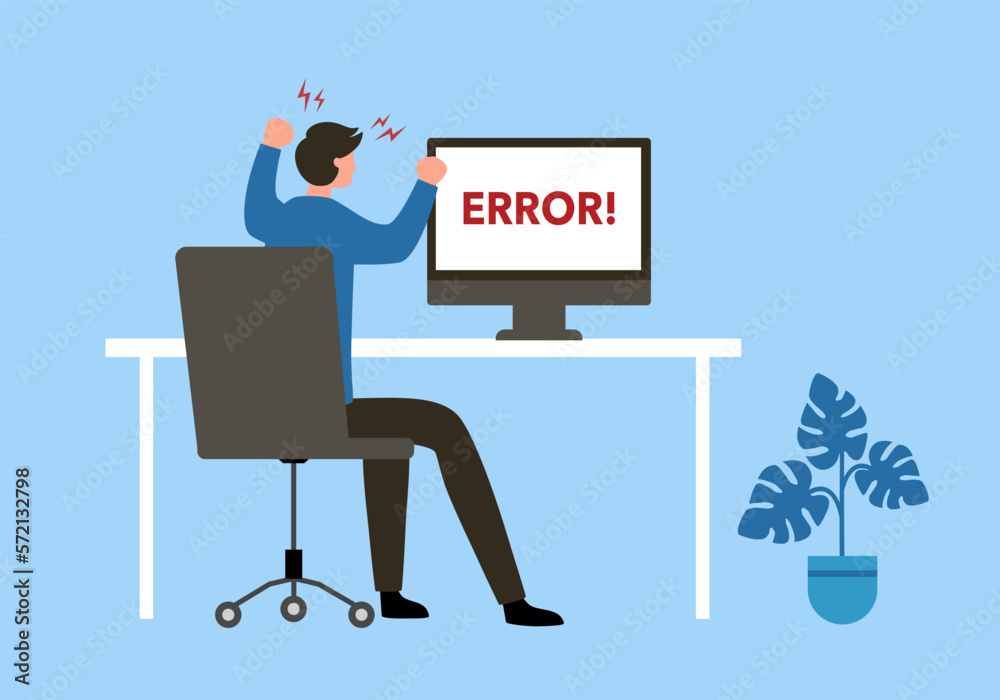 businessman angry at computer in office flat design on white background. businessman angry at computer in office flat design on white background.