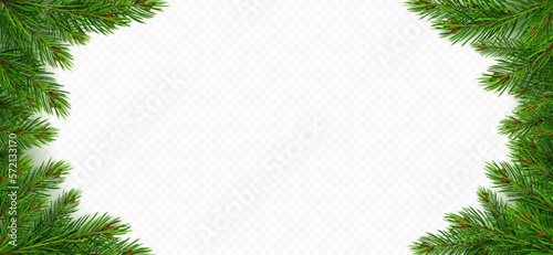 Pine tree branch border realistic vector illustration. Fir twigs with green needles, frame isolated on transparent background. Winter holiday evergreen decoration, spruce or cedar elements