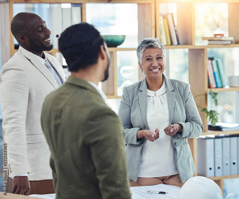 Business people, senior woman and meeting with men, smile and happiness for agreement at negotiation. Black man, businessman and manager in funny chat, teamwork and friends for diversity in workplace Business people, senior woman and meeting with men, smile and happiness for agreement at negotiation. Black man, businessman and manager in funny chat, teamwork and friends for diversity in workplace