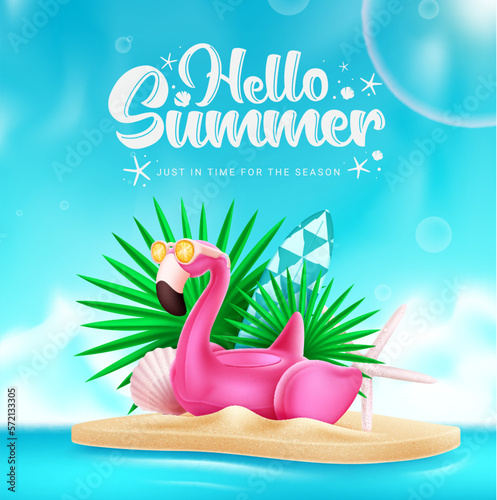 Hello summer vector design. Hello summer text with flamingo beach element in island background. Vector illustration summer season design.   © ZeinousGDS