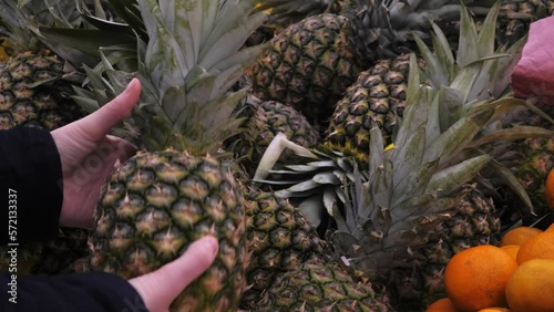Young Girl choosing a pineapple in the store.
