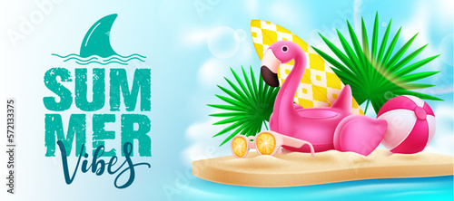 Summer vibes vector design. Summer vibes text in island with flamingo, beach ball and surfboard element. Vector illustration summer holidays design.
