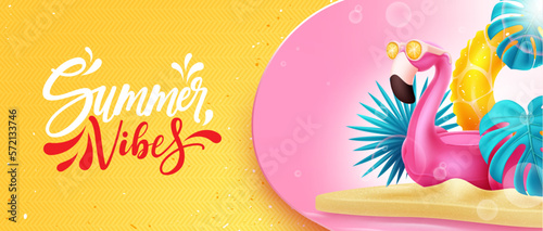 Summer vibes vector design. Summer vibes text in empty space with flamingo element in island background. Vector illustration summer template.
