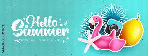 Hello summer vector design. Hello summer greeting text in empty space with beach elements in background. Vector illustration summer banner.
