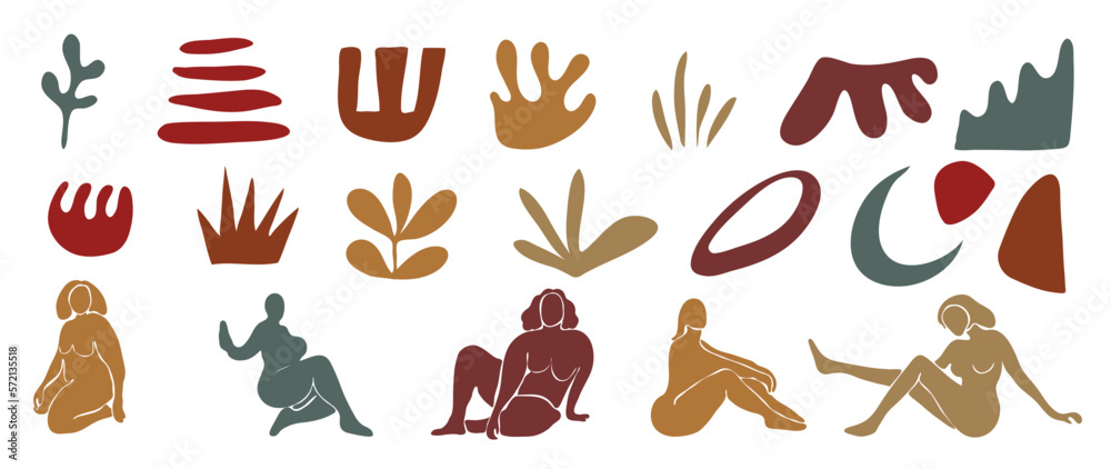 Set of abstract organic shapes inspired by matisse. Female body nude posture, grass, leaf papercut style earth tone color. Contemporary aesthetic vector element for logo, decoration, print, cover.