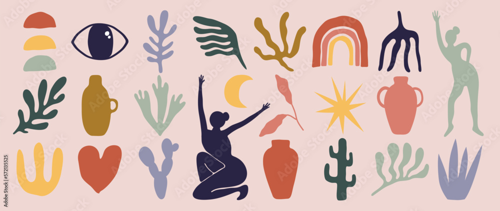 Set of abstract organic shapes inspired by matisse. Female body nude figure, plant, eye, algae, vase in paper cut style. Contemporary aesthetic vector element for logo, decoration, print, cover. 
