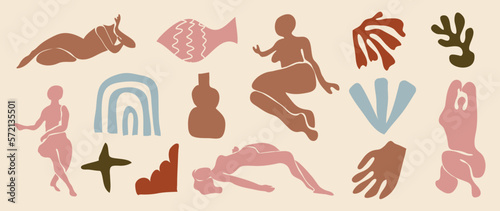 Set of abstract organic shape inspired by matisse. Female body nude posture, vase, leaf papercut style brown earth tone color. Contemporary aesthetic vector element for logo, decoration, print, cover.